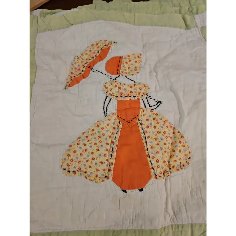 10 Vtg Sunbonnet Sue Parasol Southern Belle Applique Quilt Blocks Hand Stitched